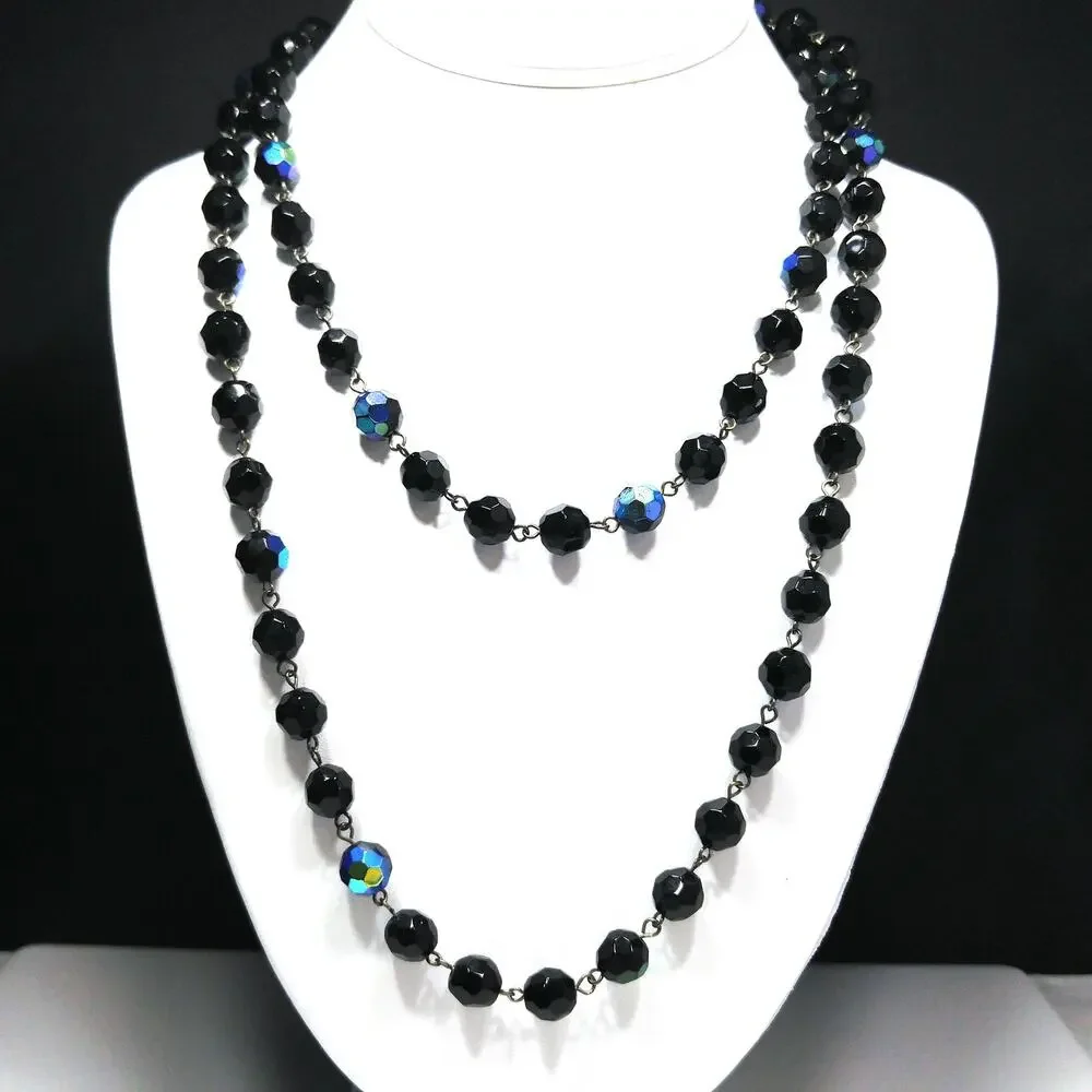 Long Black Crystal Beaded Necklace, Aurora Borealis, No Clasp, 1970s Vintage